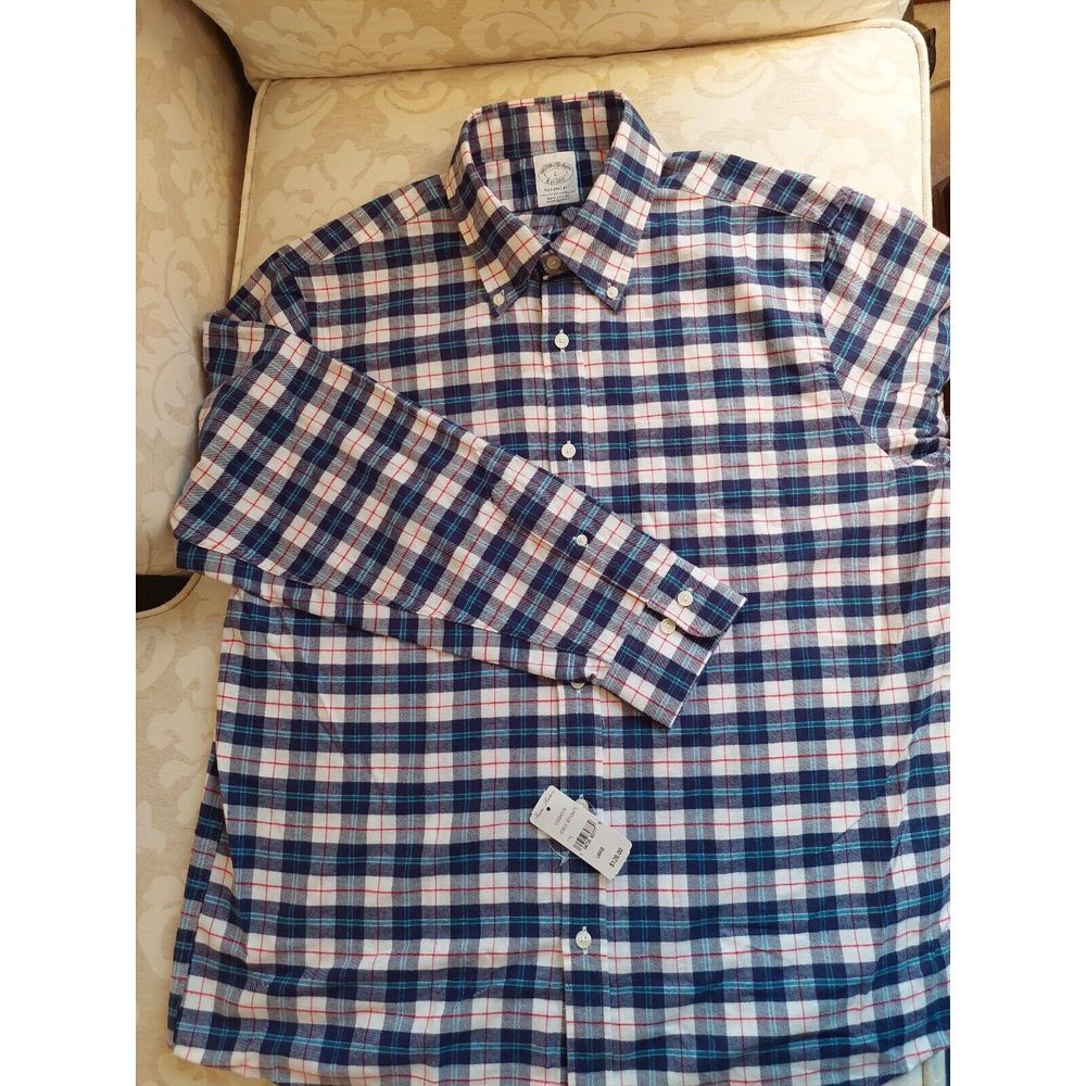 NEW! Brooks Brothers Mens Regent  Blue/White Cotton Flannel Plaid  Large $128 - Picture 2 of 7
